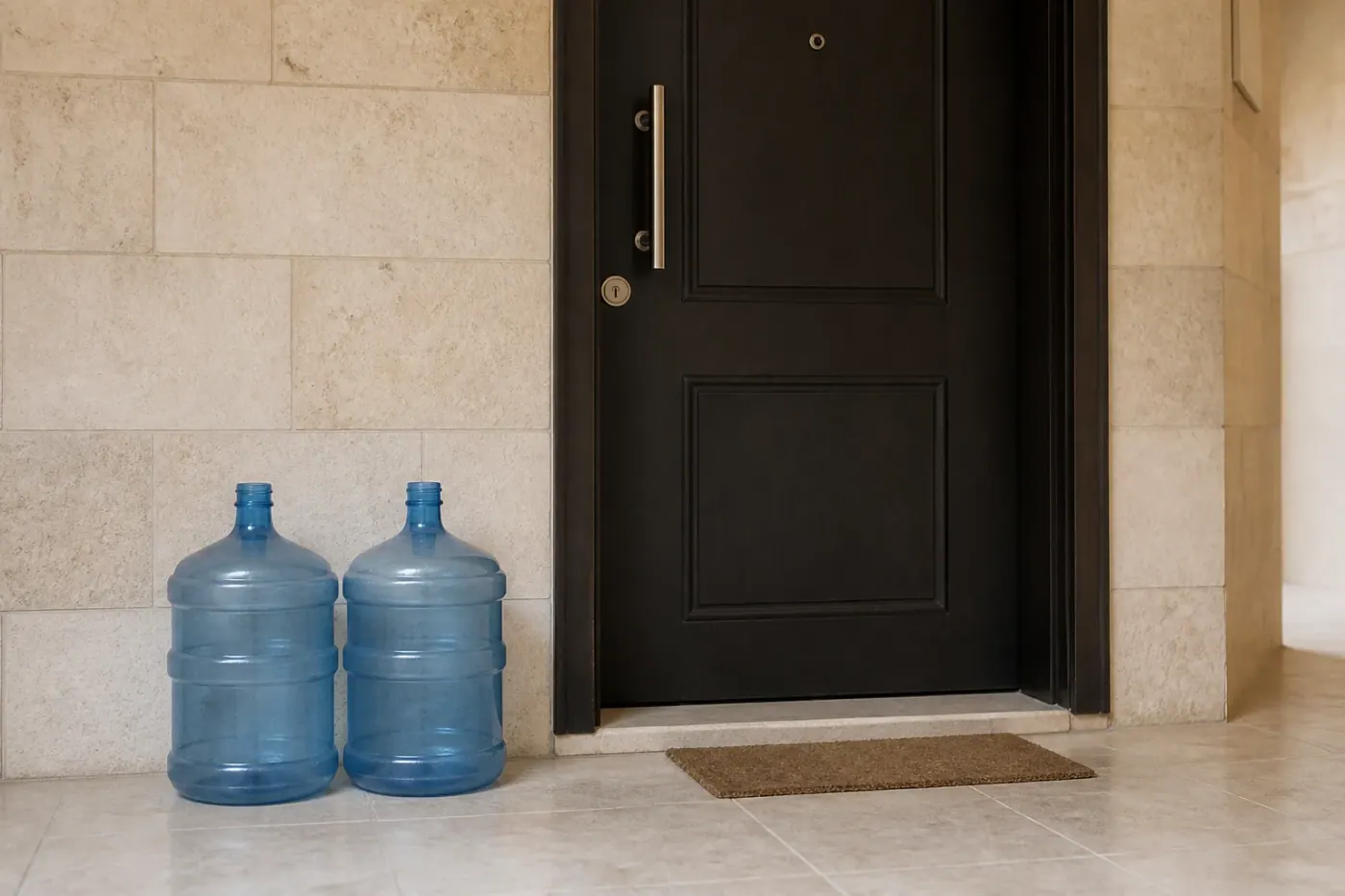 Deliveryy water refill service at an Amman doorway.